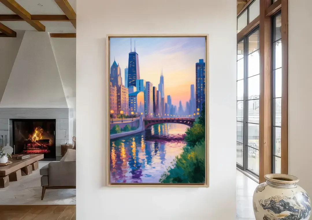 Chicago City Lights Long Exposure canvas wall art in a living room with a fireplace