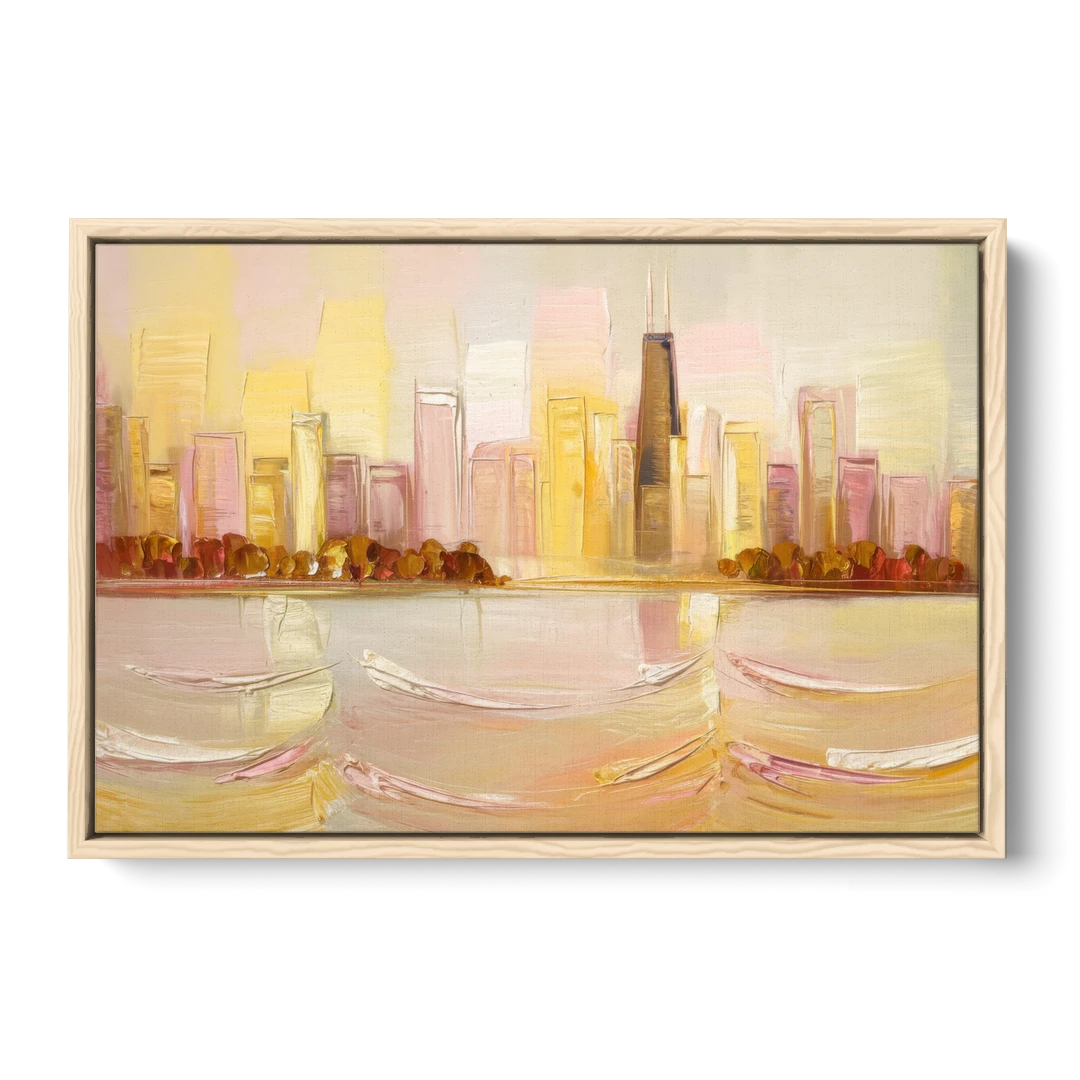 Chicago Cityscape At Dawn - Oak Framed Canvas Wall Art - Front