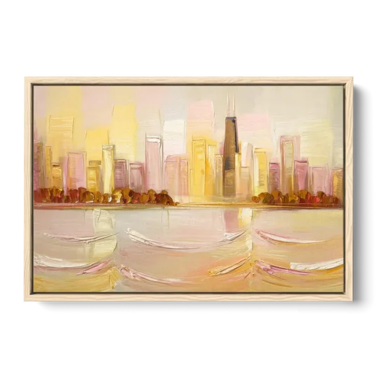 Chicago Cityscape At Dawn - Oak Framed Canvas Wall Art - Front