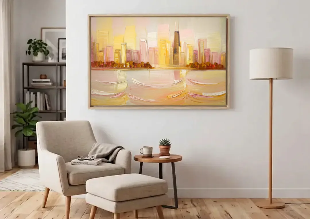 Chicago Cityscape At Dawn canvas wall art above an armchair in a bright living room