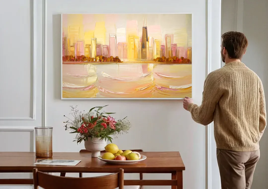 Chicago Cityscape At Dawn canvas wall art above a dining table