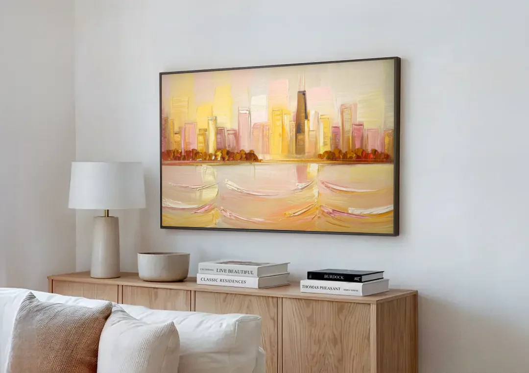 Chicago Cityscape At Dawn canvas wall art above a wooden sideboard next to a sofa