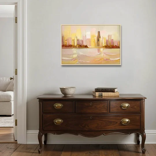Chicago Cityscape At Dawn - Oak Framed Canvas Wall Art - Coffee Table - 36x24