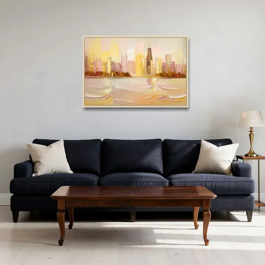 Chicago Cityscape At Dawn - Oak Framed Canvas Wall Art - Sofa - 36x24