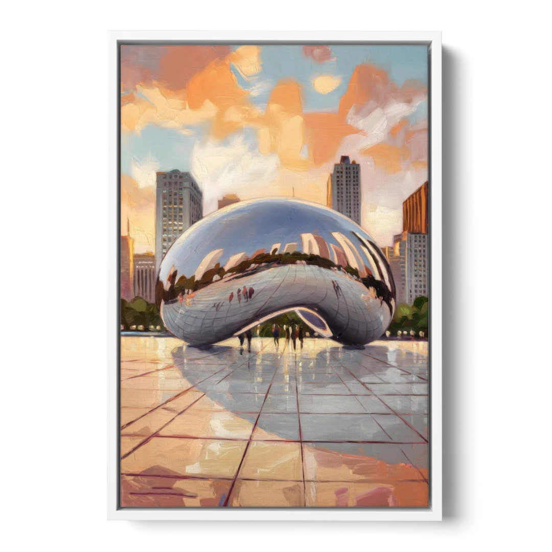 Chicago Cloud Gate Reflection - White Framed Canvas Wall Art - Front