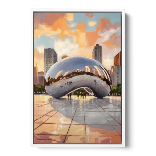 Chicago Cloud Gate Reflection - White Framed Canvas Wall Art - Front