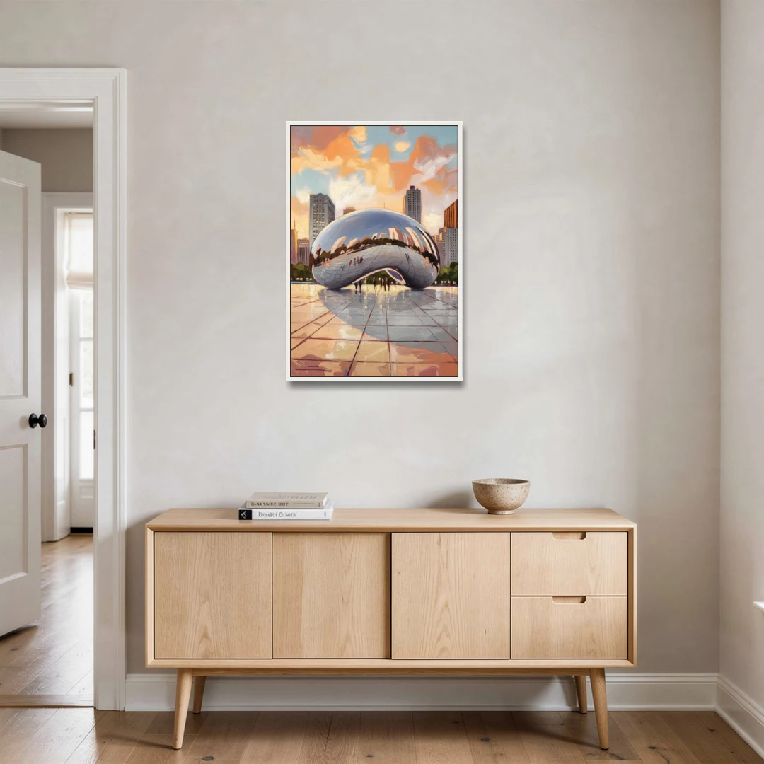 Chicago Cloud Gate Reflection - White Framed Canvas Wall Art - Coffee Table - 24x36