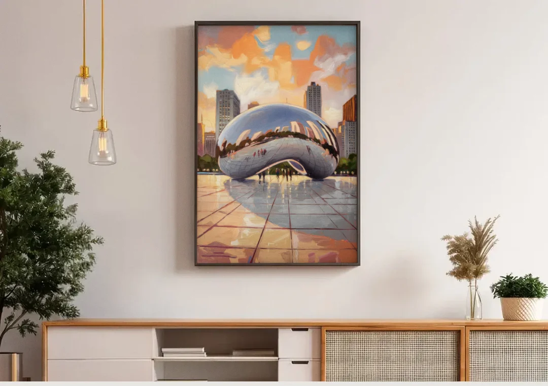 Chicago Cloud Gate Reflection canvas wall art above a wooden sideboard under pendant lights