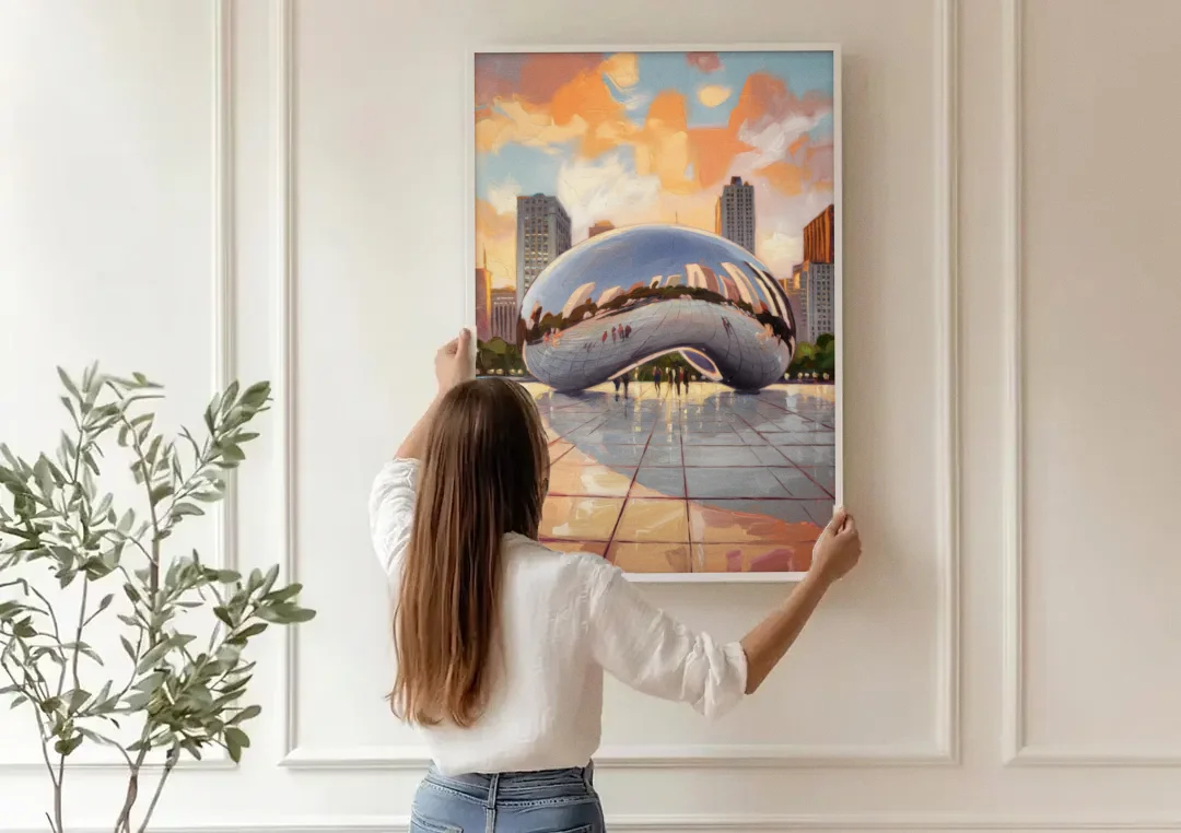 Chicago Cloud Gate Reflection canvas wall art being hung on a paneled wall