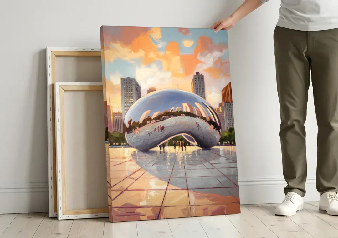 Chicago Cloud Gate Reflection canvas wall art leaning against a wall next to blank canvases