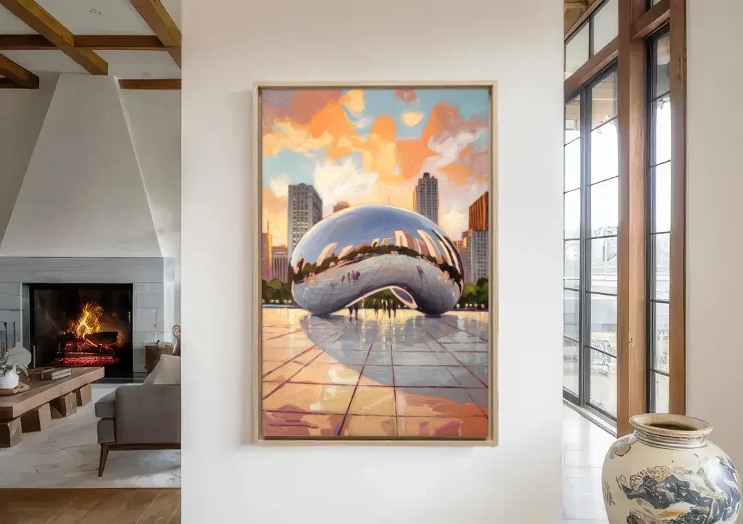 Chicago Cloud Gate Reflection canvas wall art in a living room with a fireplace