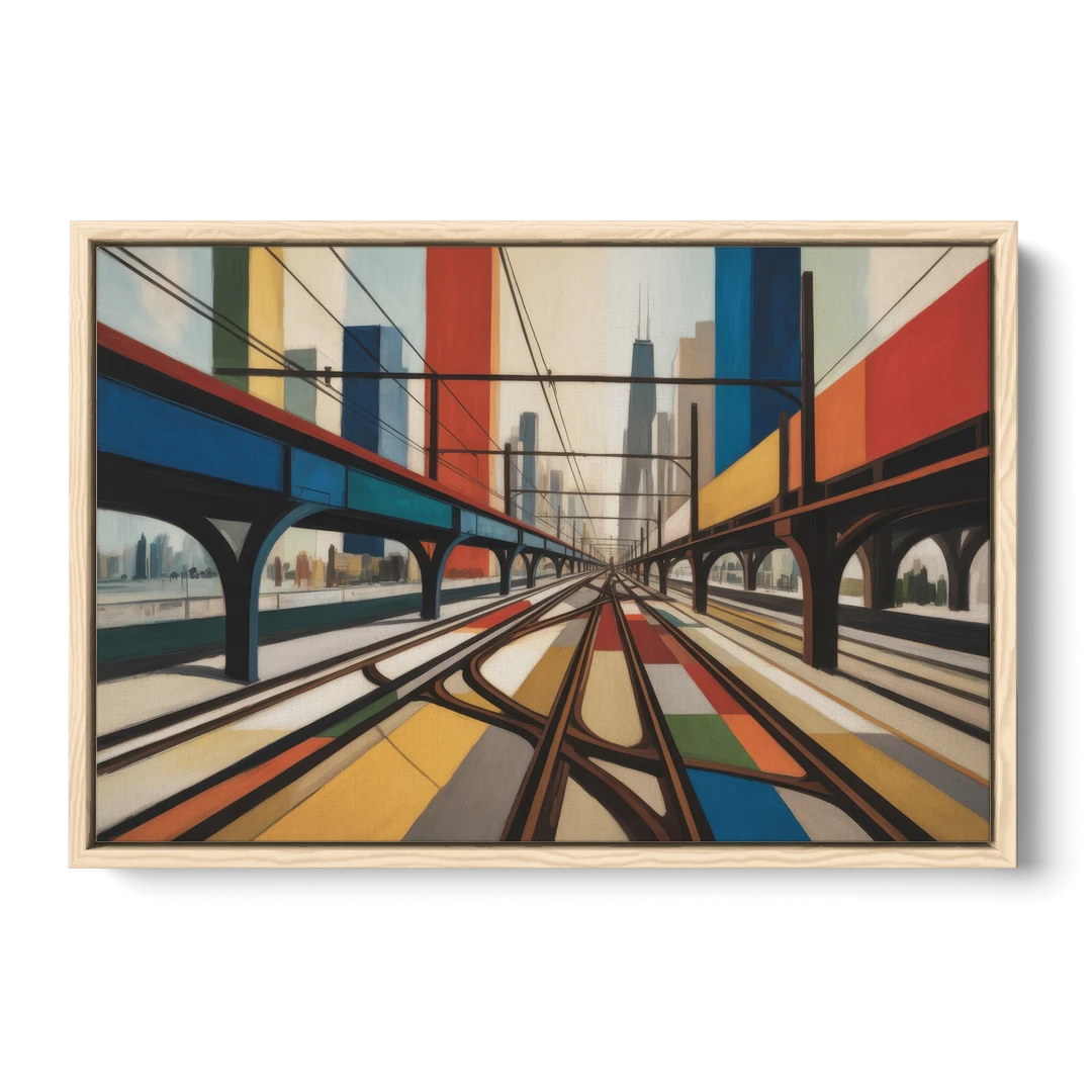 Chicago CTA Train Lines Pop Art - Oak Framed Canvas Wall Art - Front