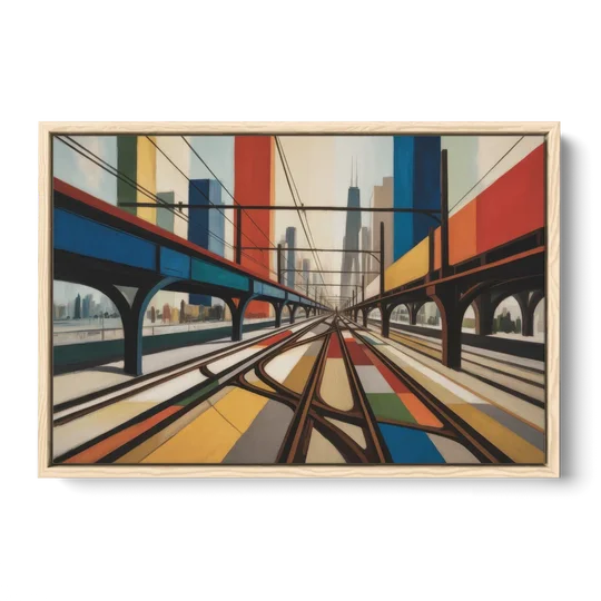 Chicago CTA Train Lines Pop Art - Oak Framed Canvas Wall Art - Front