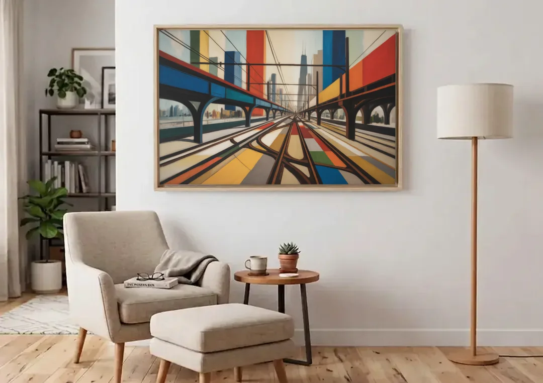 Chicago CTA Train Lines Pop Art canvas wall art above an armchair in a bright living room