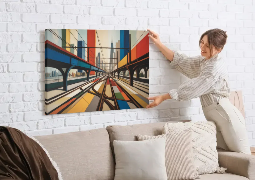 Chicago CTA Train Lines Pop Art canvas wall art being hung on a white brick wall above a sofa