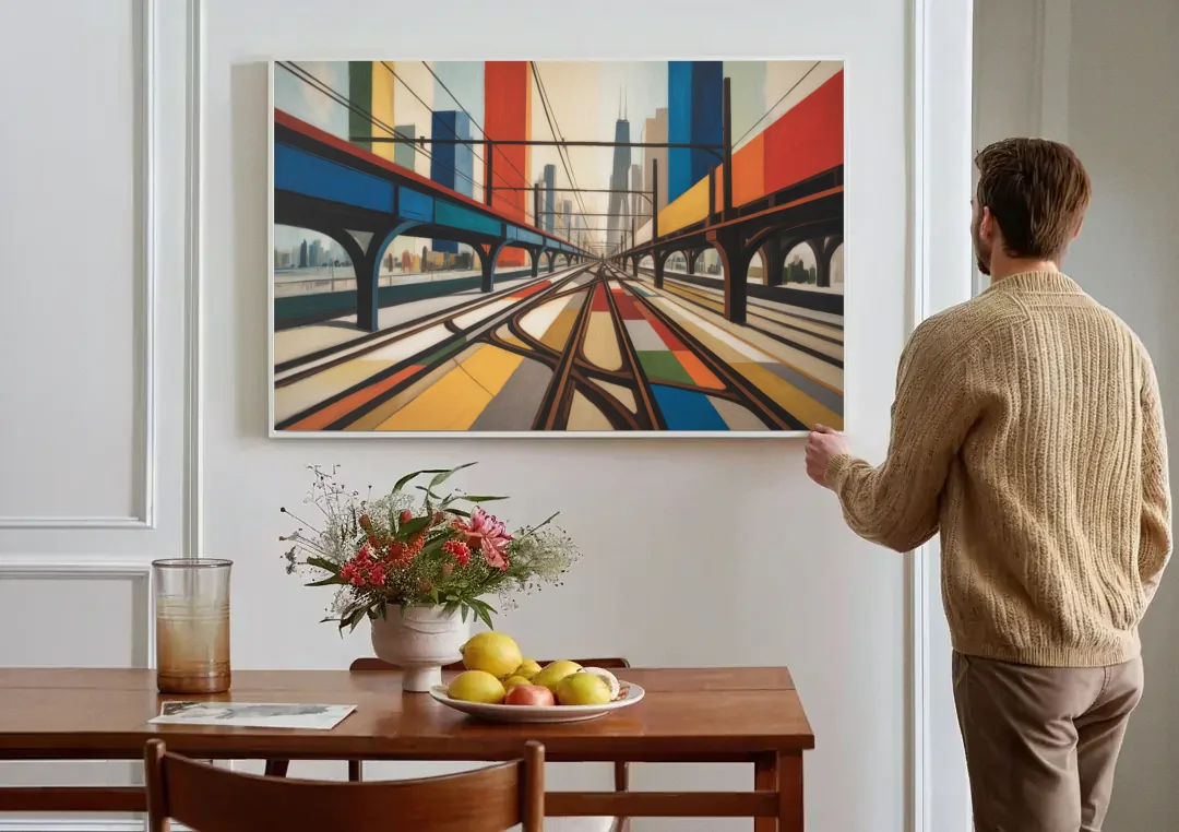 Chicago CTA Train Lines Pop Art canvas wall art above a dining table