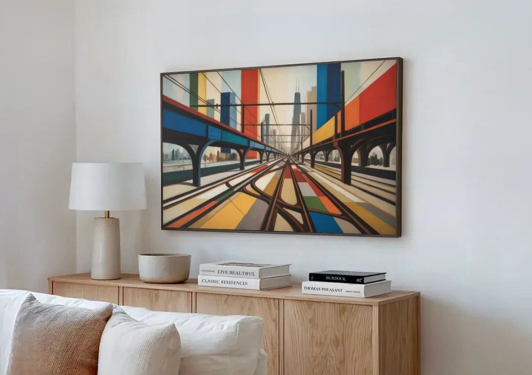 Chicago CTA Train Lines Pop Art canvas wall art above a wooden sideboard next to a sofa