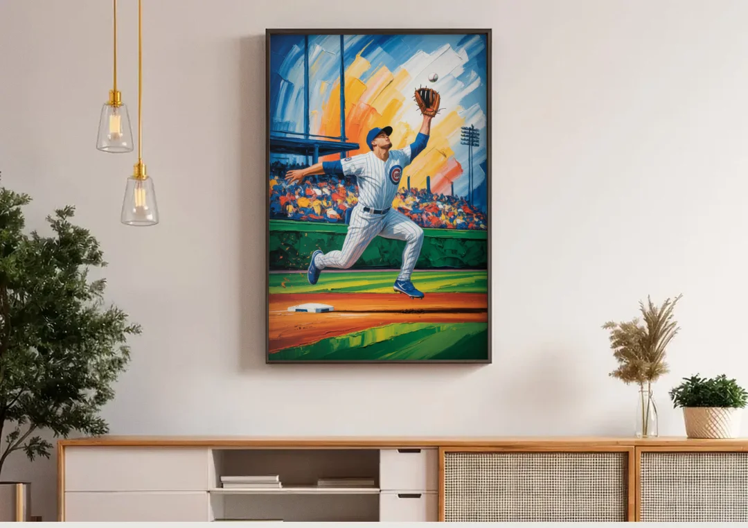 Chicago Cubs Outfield Catch canvas wall art above a wooden sideboard under pendant lights