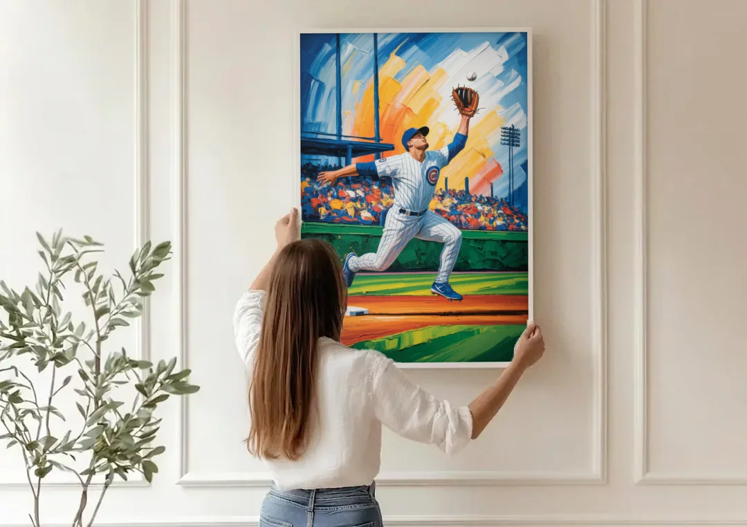 Chicago Cubs Outfield Catch canvas wall art being hung on a paneled wall