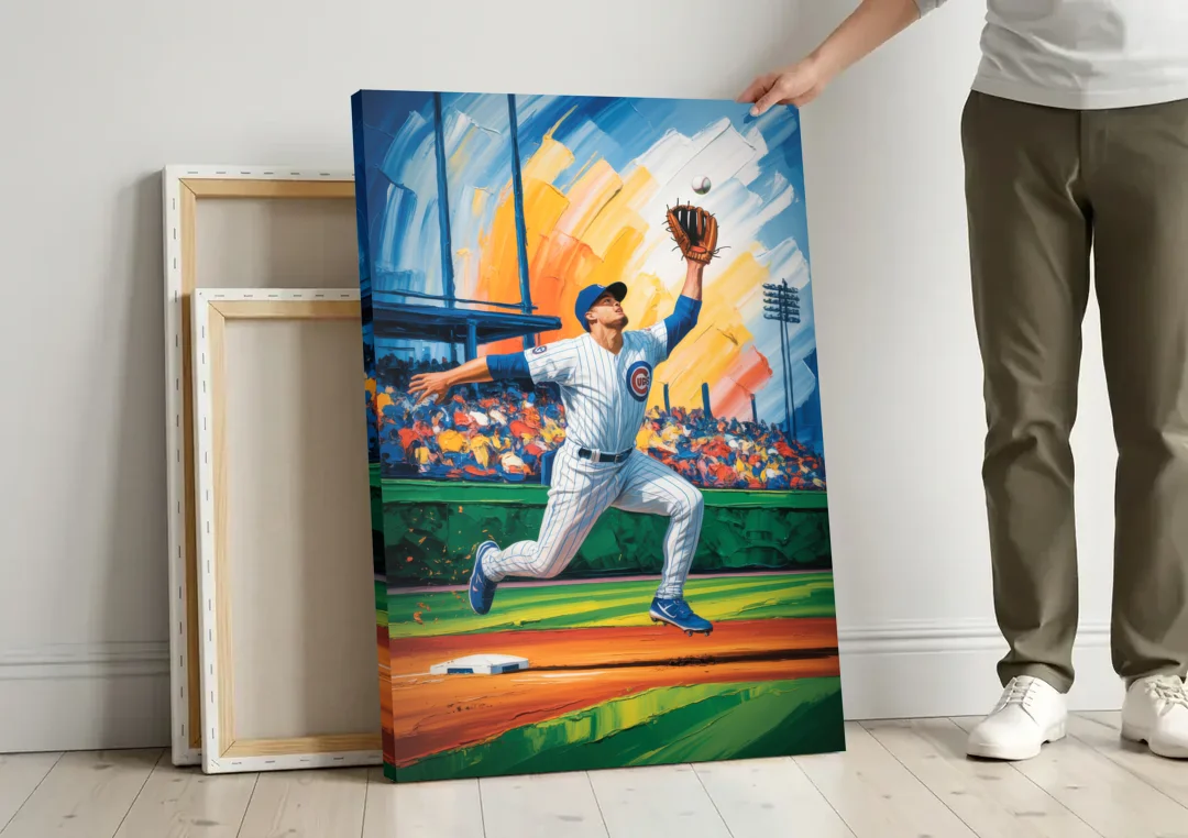Chicago Cubs Outfield Catch canvas wall art leaning against a wall next to blank canvases