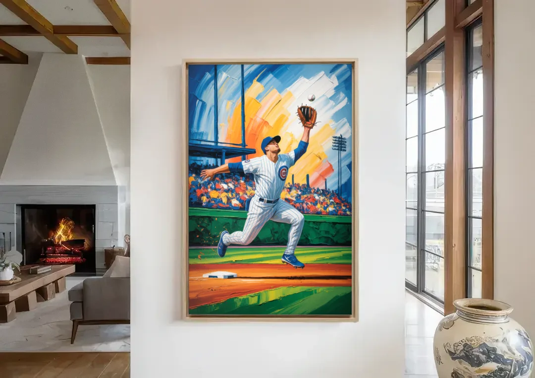 Chicago Cubs Outfield Catch canvas wall art in a living room with a fireplace