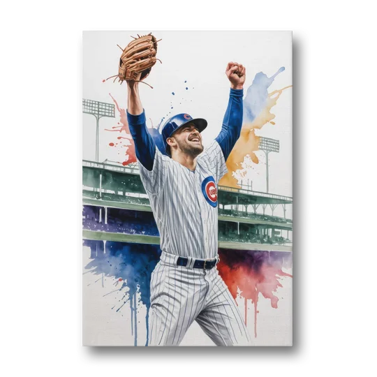 Chicago Cubs Player Celebration in Expressive Watercolor - Canvas Wall Art - Front