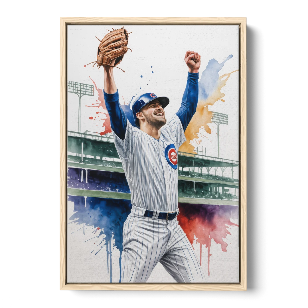 Chicago Cubs Player Celebration in Expressive Watercolor - Oak Framed Canvas Wall Art - Front