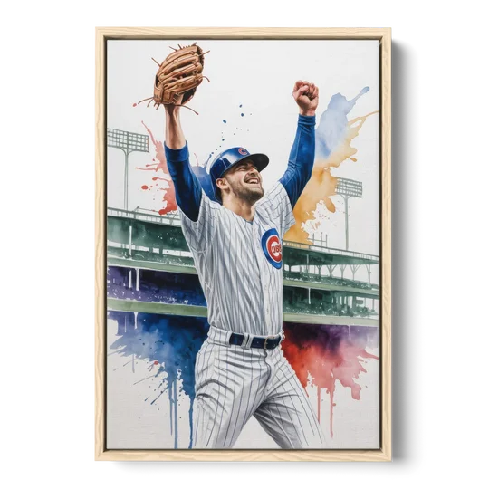 Chicago Cubs Player Celebration in Expressive Watercolor - Oak Framed Canvas Wall Art - Front