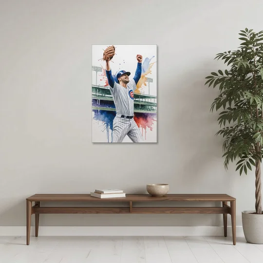 Chicago Cubs Player Celebration in Expressive Watercolor - Canvas Wall Art - Coffee Table - 24x36