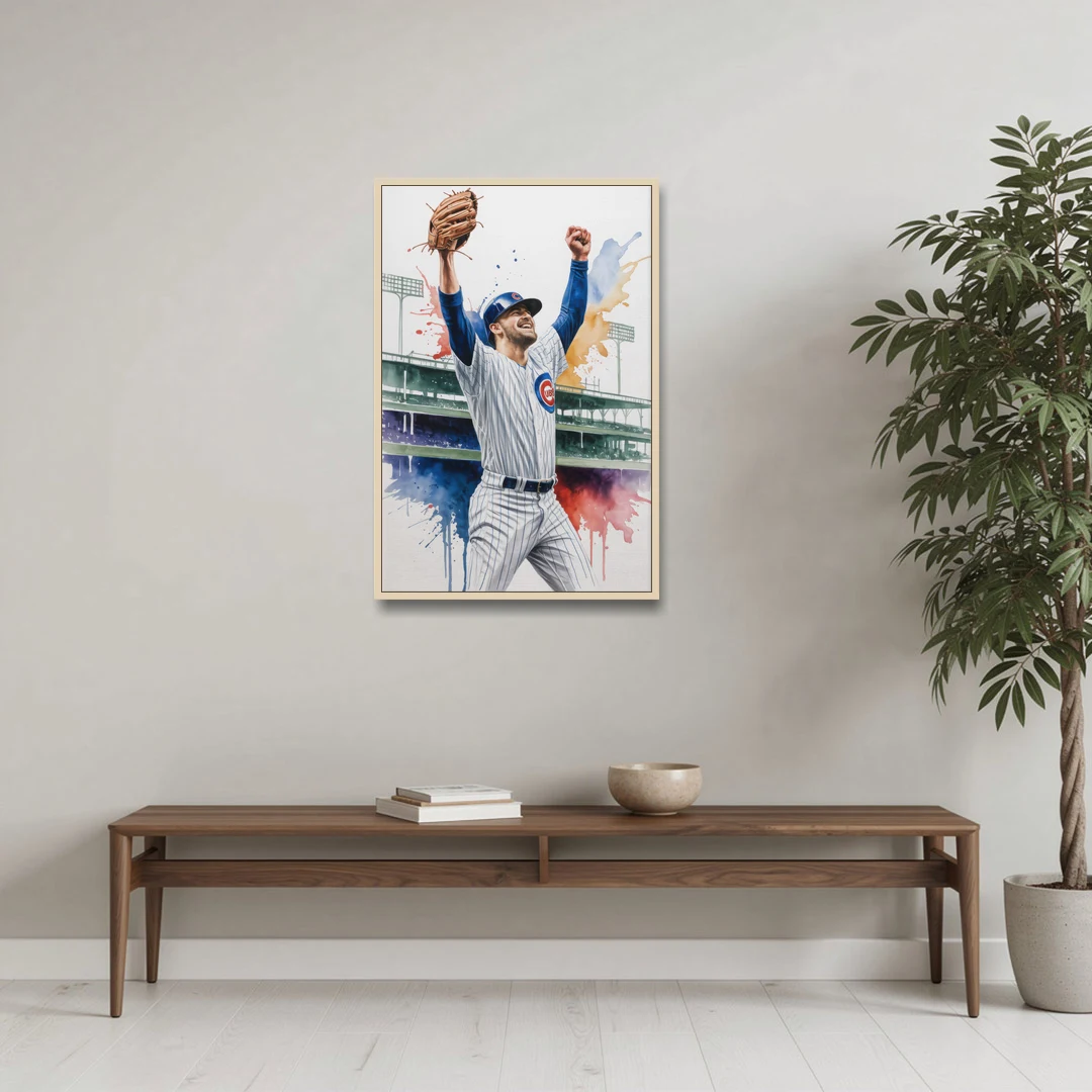 Chicago Cubs Player Celebration in Expressive Watercolor - Oak Framed Canvas Wall Art - Coffee Table - 24x36