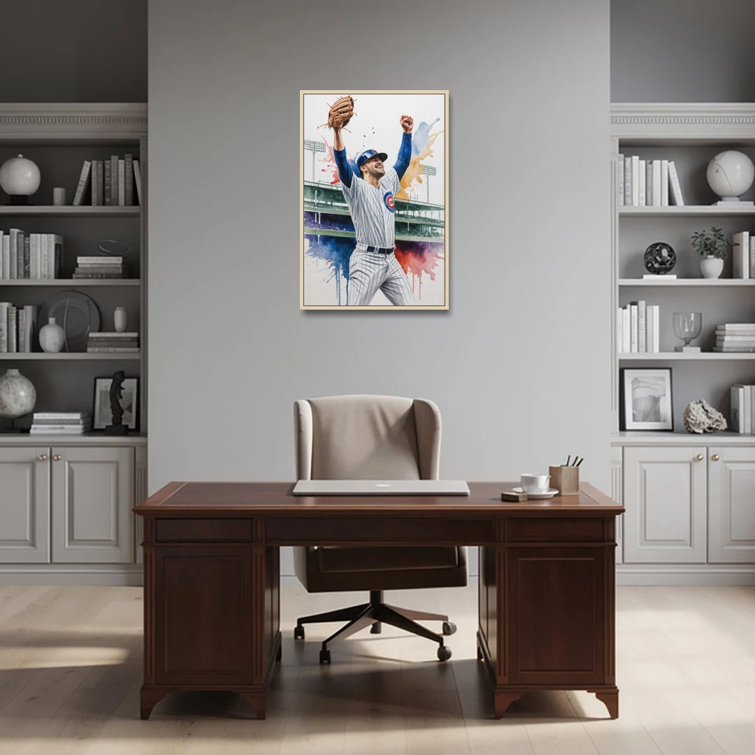 Chicago Cubs Player Celebration in Expressive Watercolor - Oak Framed Canvas Wall Art - Office - 24x36