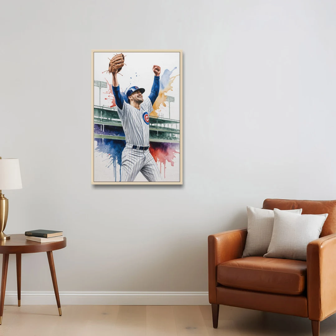 Chicago Cubs Player Celebration in Expressive Watercolor - Oak Framed Canvas Wall Art - Sofa - 24x36
