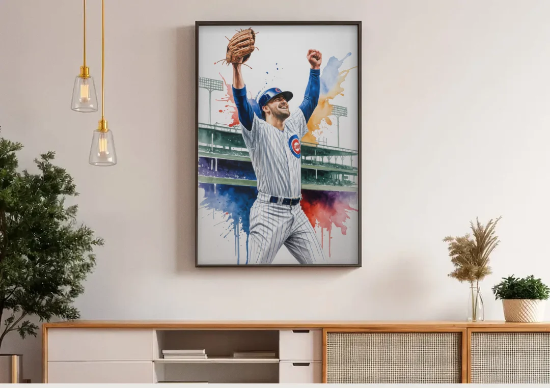 Chicago Cubs Player Celebration in Expressive Watercolor canvas wall art above a wooden sideboard under pendant lights