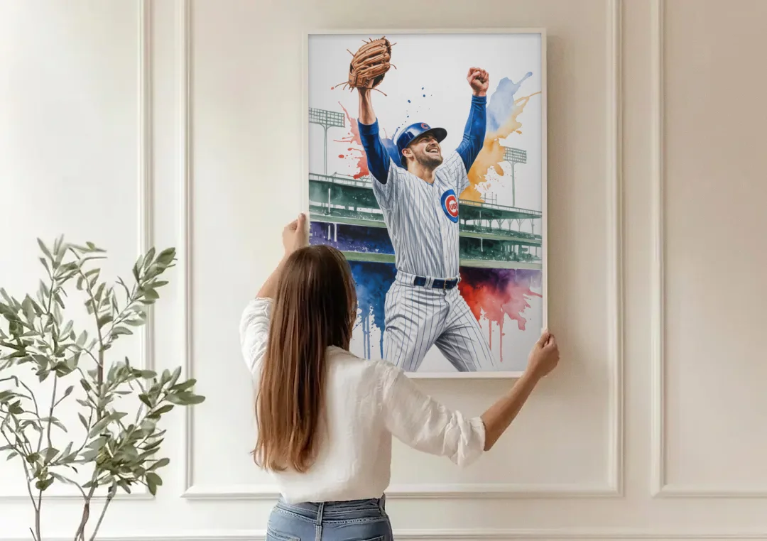 Chicago Cubs Player Celebration in Expressive Watercolor canvas wall art being hung on a paneled wall