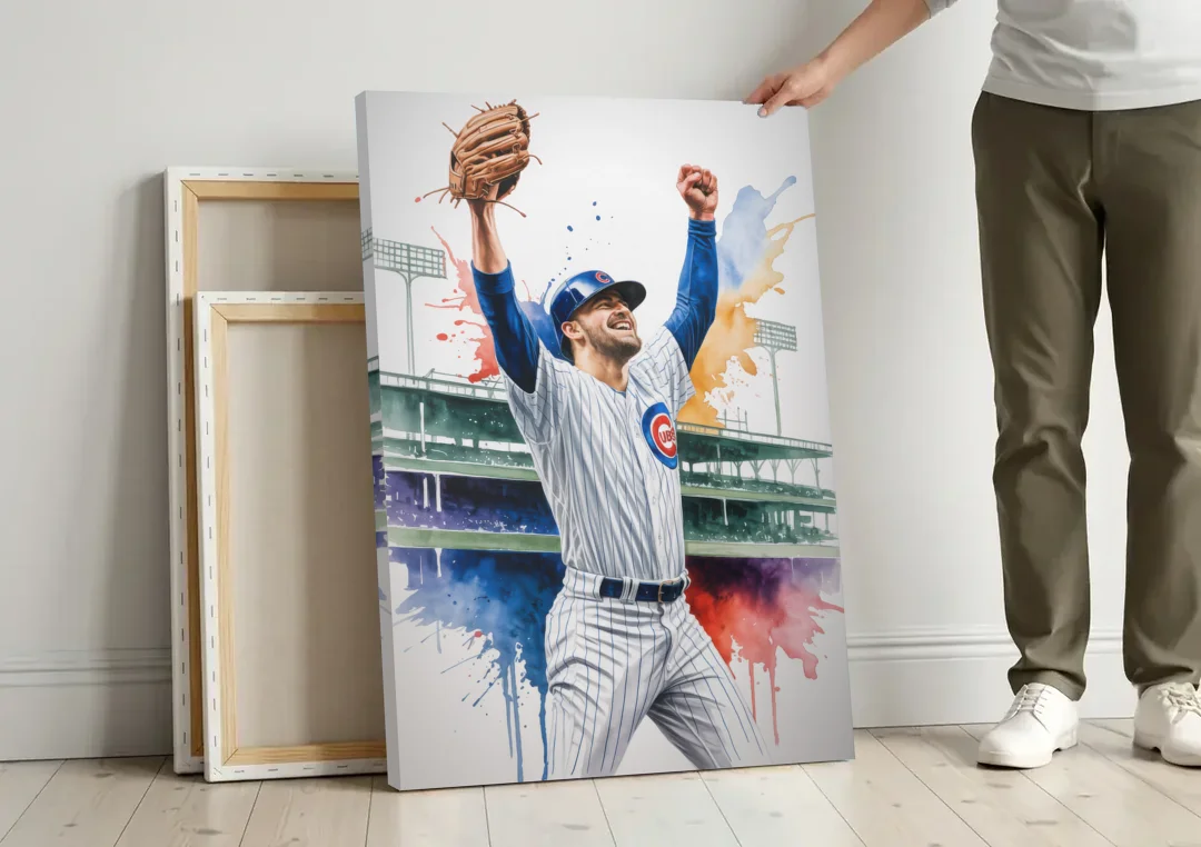 Chicago Cubs Player Celebration in Expressive Watercolor canvas wall art leaning against a wall next to blank canvases