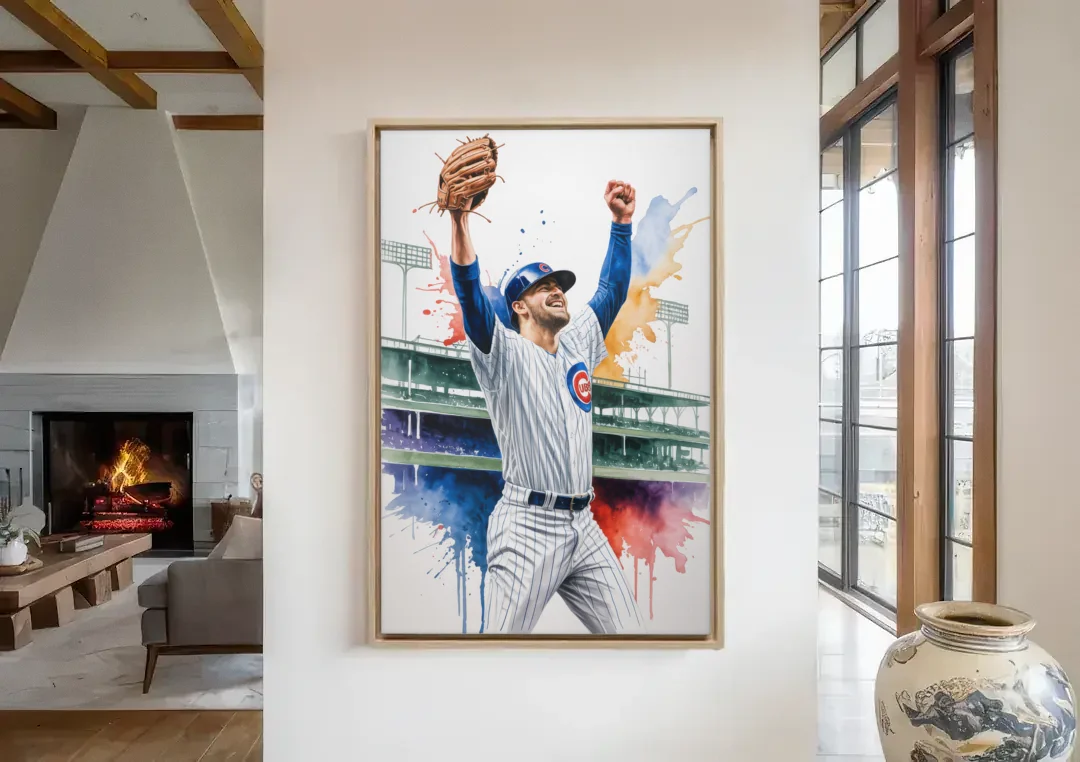 Chicago Cubs Player Celebration in Expressive Watercolor canvas wall art in a living room with a fireplace