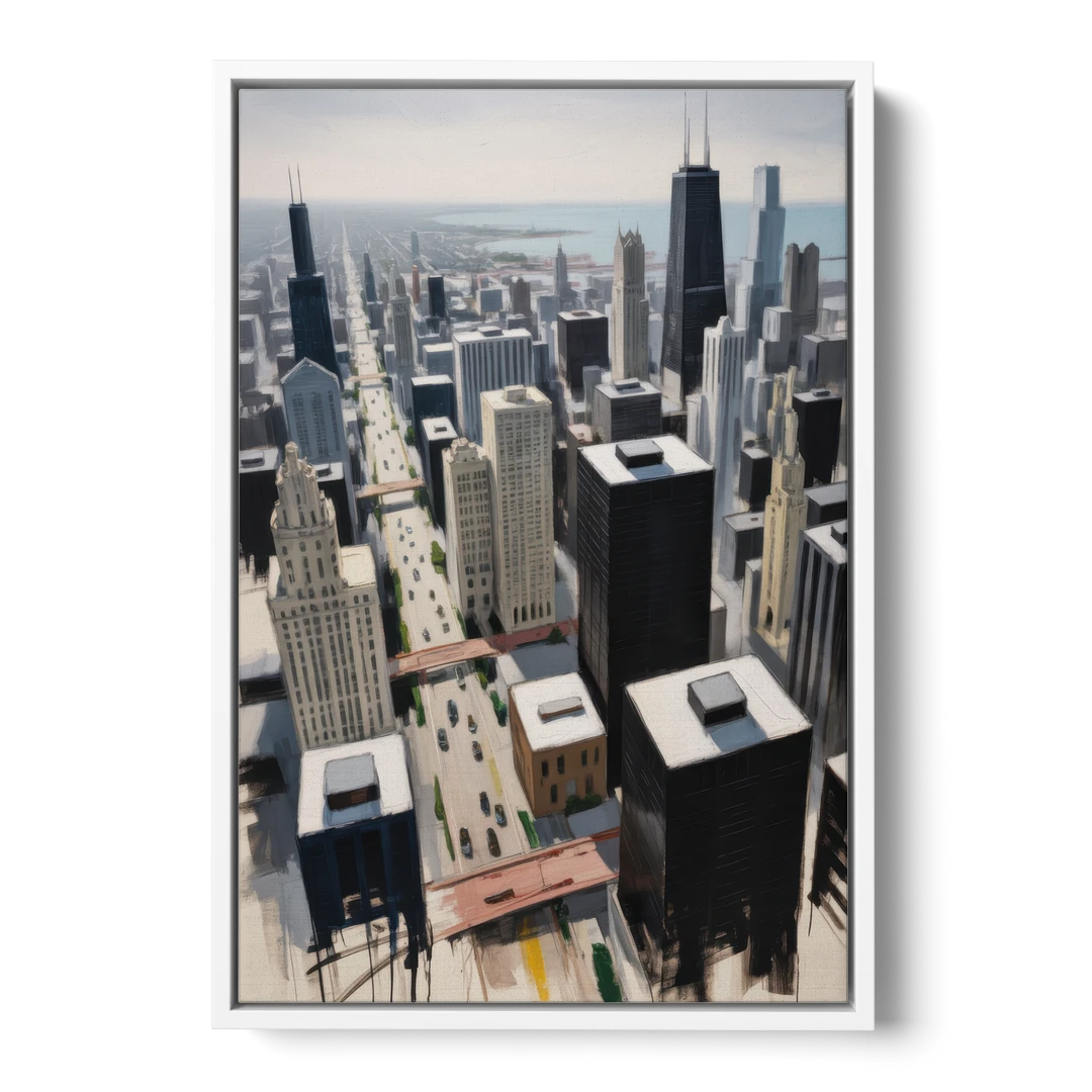 Chicago Downtown Black & White - White Framed Canvas Wall Art - Front