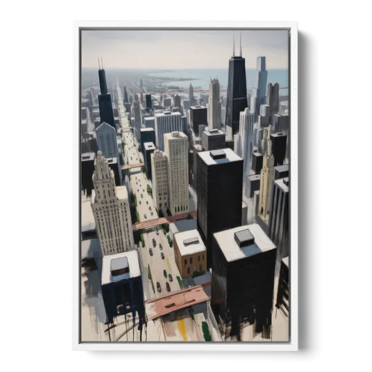 Chicago Downtown Black & White - White Framed Canvas Wall Art - Front