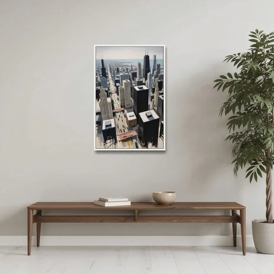 Chicago Downtown Black & White - White Framed Canvas Wall Art - Coffee Table - 24x36
