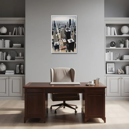Chicago Downtown Black & White - White Framed Canvas Wall Art - Office - 24x36