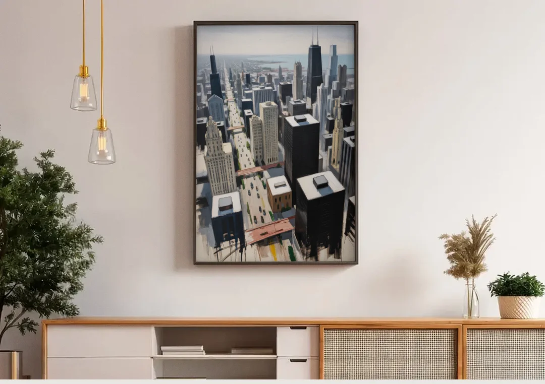 Chicago Downtown Black & White canvas wall art above a wooden sideboard under pendant lights
