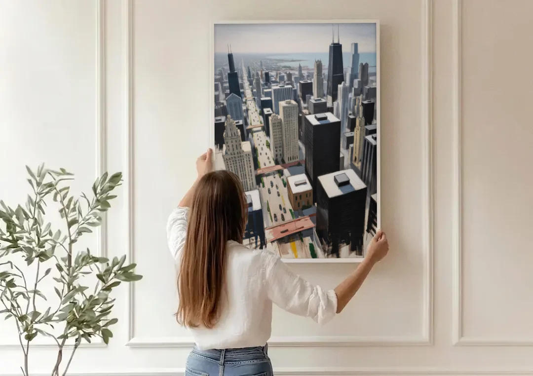 Chicago Downtown Black & White canvas wall art being hung on a paneled wall