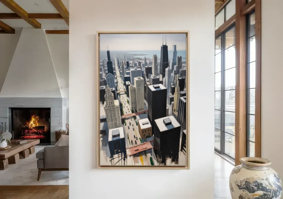 Chicago Downtown Black & White canvas wall art in a living room with a fireplace