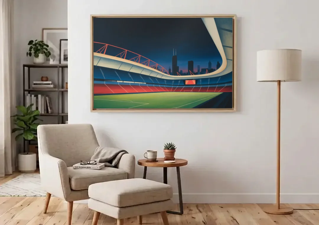 Chicago Fire FC Stadium Night canvas wall art above an armchair in a bright living room