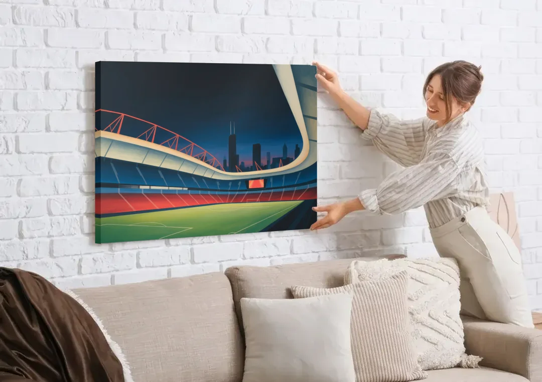 Chicago Fire FC Stadium Night canvas wall art being hung on a white brick wall above a sofa