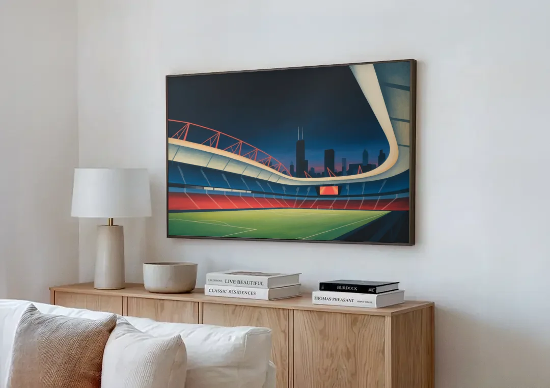 Chicago Fire FC Stadium Night canvas wall art above a wooden sideboard next to a sofa