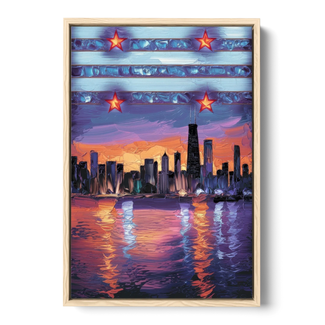 Chicago Flag Inspired Design - Oak Framed Canvas Wall Art - Front