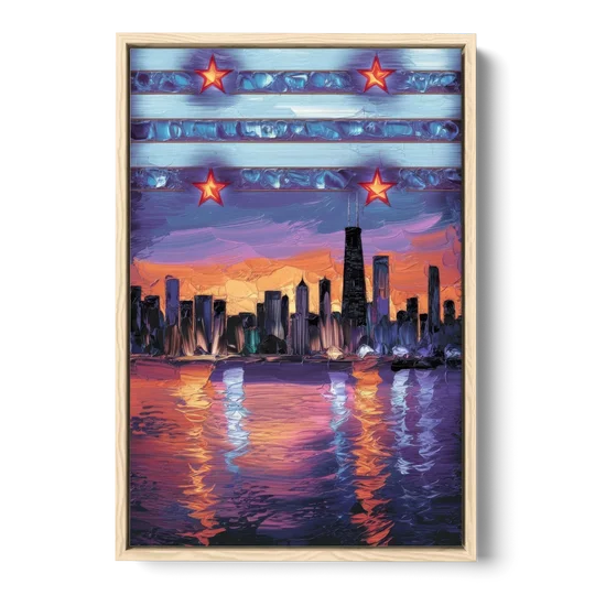 Chicago Flag Inspired Design - Oak Framed Canvas Wall Art - Front