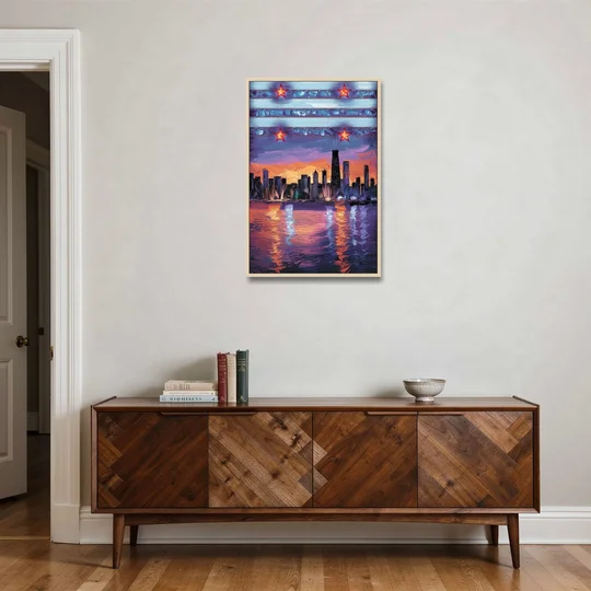 Chicago Flag Inspired Design - Oak Framed Canvas Wall Art - Coffee Table - 24x36
