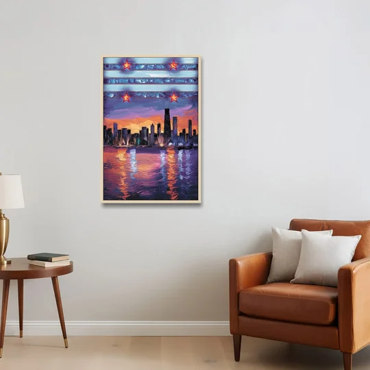 Chicago Flag Inspired Design - Oak Framed Canvas Wall Art - Sofa - 24x36